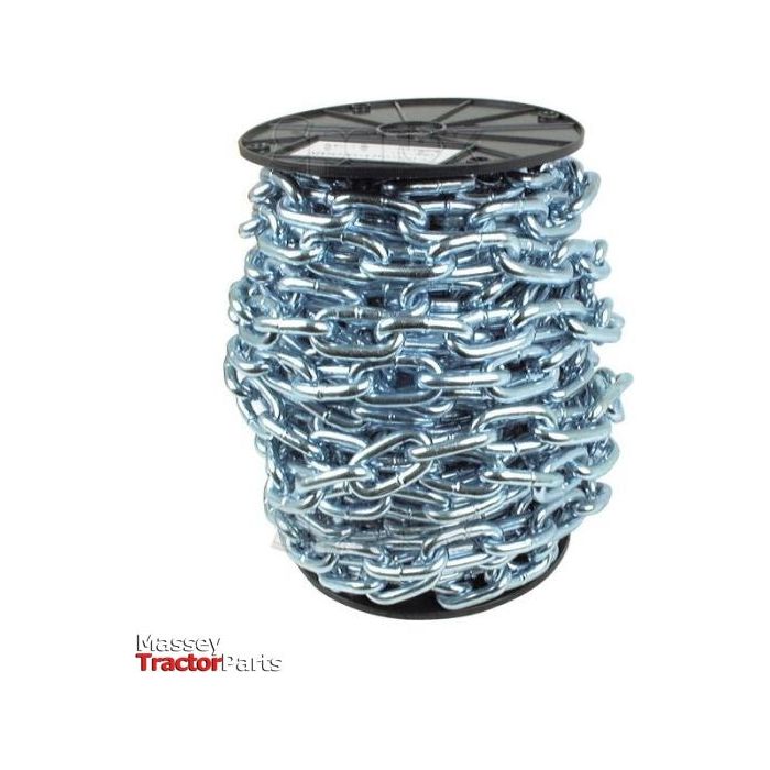 A large spool of the Sparex Long Link Chain 8.8 x 53 x 31mm x 20M - S.55522 displayed against a white background, with a logo for Massey Tractor Parts visible at the bottom left corner.