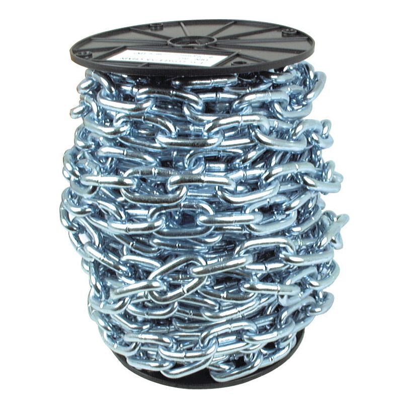 A 20-meter roll of Sparex Long Link Chain (8.8 x 53 x 31mm, S.55522) coiled around a black plastic reel, made from heavy-duty zinc-plated mild steel and capable of withstanding up to 2.05 kN.