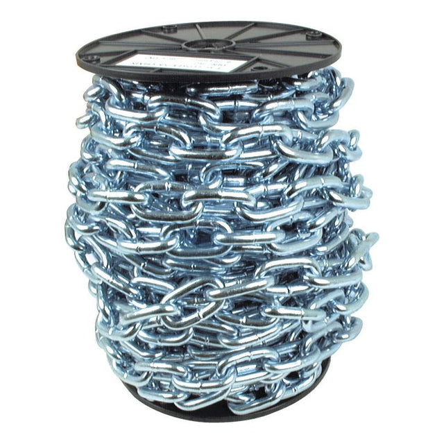 A spool of Sparex Long Link Chain 8.8 x 53 x 31mm x 20M - S.55522, with a shiny blue finish and a heavy-duty strength of 2.05 kN, is neatly wound around a black plastic reel.