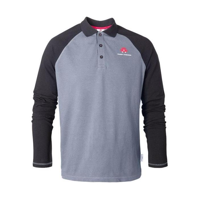 The Massey Ferguson Longsleeve Raglan Polo Shirt (X993311905) by AGCO features gray and black sleeves with a small red logo on the left chest area, and is crafted from soft cotton pique fabric.