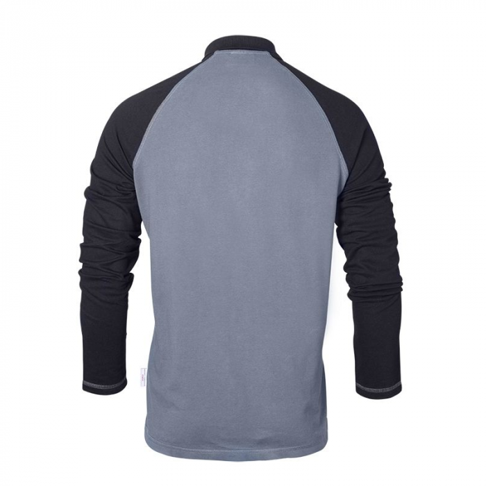 Rear view of the AGCO Massey Ferguson - Longsleeve Raglan Polo Shirt - X993311905, featuring a gray body and black sleeves, crafted from soft cotton pique.