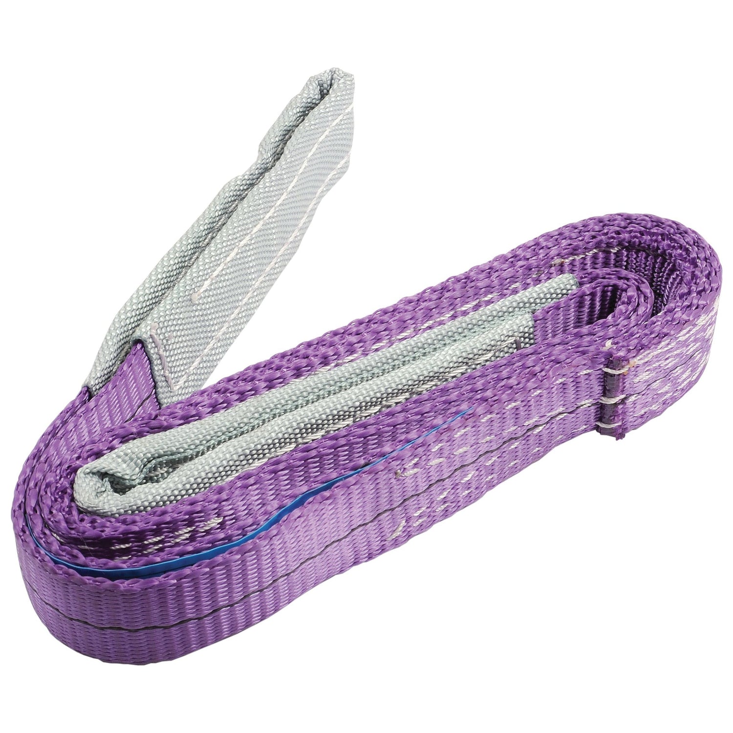 The Sparex Lorry Sling - 1M (S.19218) is a neatly coiled strap in purple and gray, made from durable polyester that complies with EN 1492-1:2000 standards.