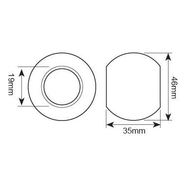 Technical drawing of a cylindrical object labeled as Lower Link Ball (Cat. 1/1) - S.15353 from Sparex, model T21901. The front view indicates a diameter of 19 mm, while the side view reveals dimensions with a height of 46 mm and a width of 35 mm.