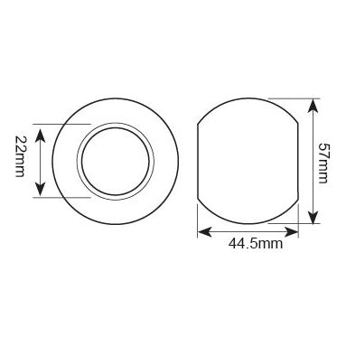 Technical drawing showing two views of the Sparex Lower Link Ball (Cat. 2/1) - S.19173 component: a top view with 22mm outer and 44.5mm inner diameters, and a side view with a 57mm height dimension, suitable for integration in Case IH equipment.