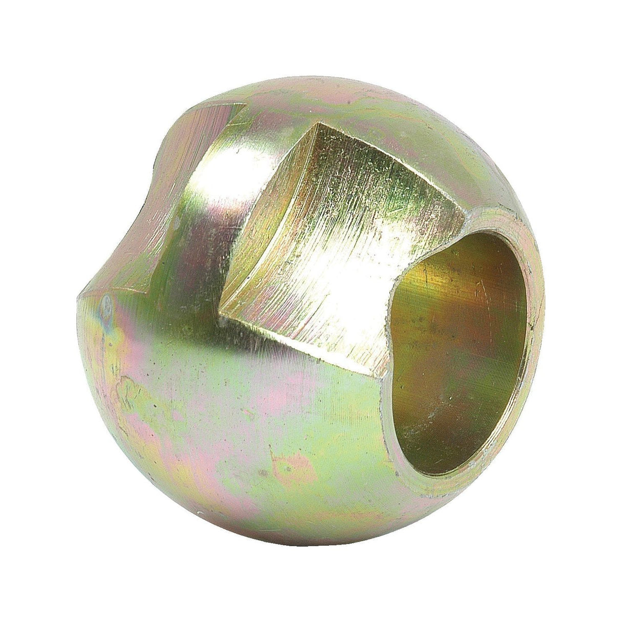 A Lower Link Ball (Cat. 2/2) - S.1729 by Sparex, a golden metal spherical object with a diameter of 2 1/4 inches, featuring a carved hollow section and multiple facets.