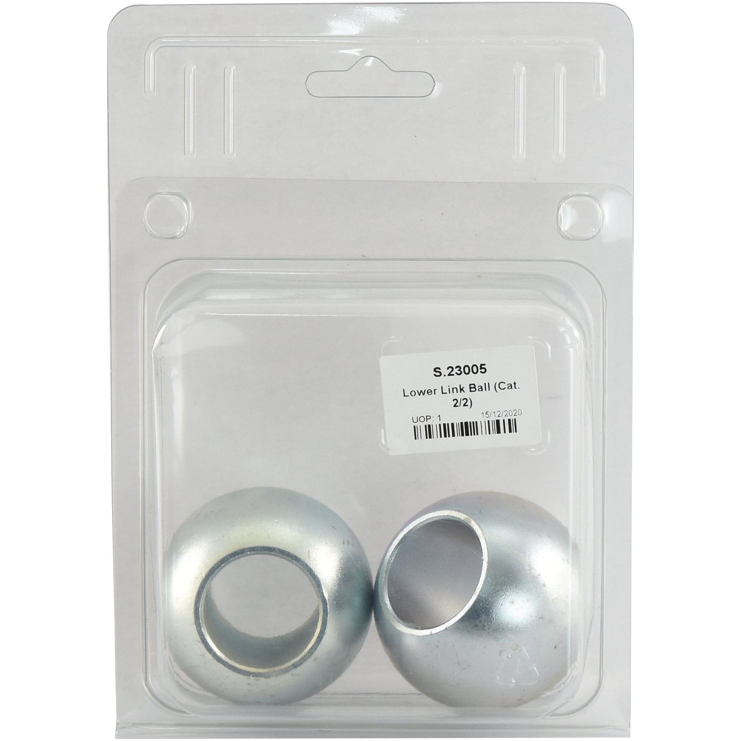 A plastic package contains two spherical silver lower link balls made of 20Mncr5 Steel, labeled "Lower Link Ball (Cat. 2/2) - S.23005" with a barcode, and marked as Agripak Sparex S.23005.
