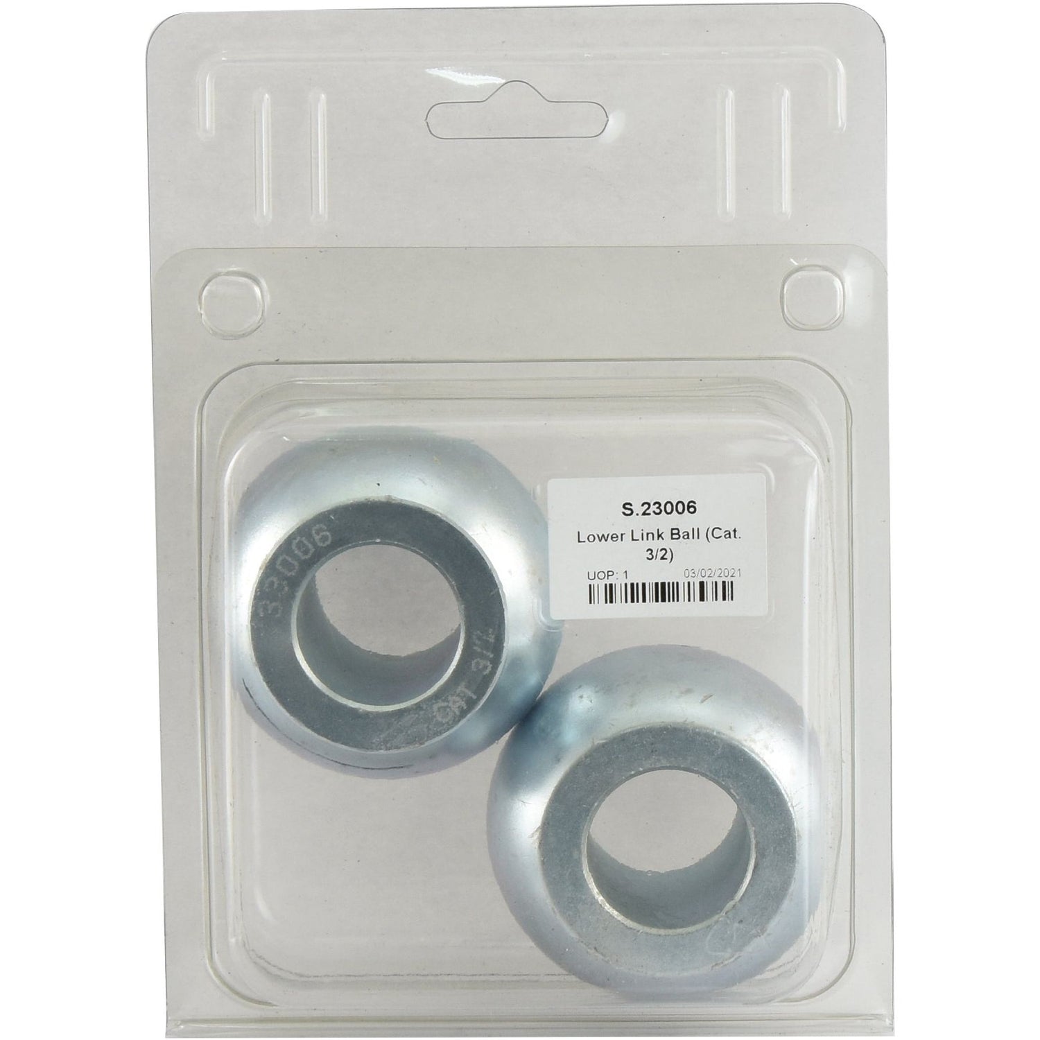 Image of a transparent blister pack containing two lower link balls labeled "S.23006" from Sparex, made from 20Mncr5 steel.