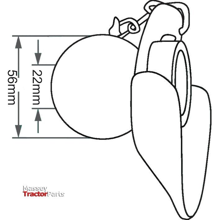 A line drawing of the Lower Link Ball, Guide Cone and Linch Pin (Cat. 2/1) - S.32992 by Sparex is shown with dimensions labeled. The part measures 56mm in height and 22mm in width. The Massey Tractor Parts logo is located in the bottom left corner, offering manufacturing details for easy reference.