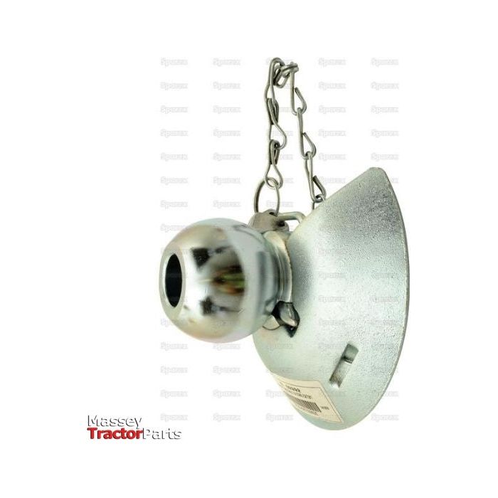 A round metal hitch ball with a mounting base and attached chain, labeled "Sparex Massey Tractor Parts" on a white background. Includes manufacturer information, suitable for ensuring compatibility and authenticity. Product name: Lower Link Ball, Guide Cone and Linch Pin (Cat. 2/1) - S.32992.