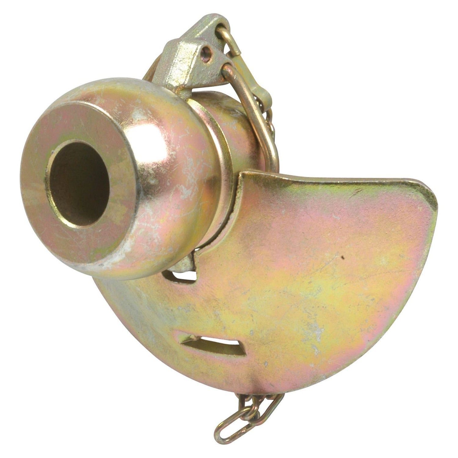 The Lower Link Ball, Guide Cone, and Linch Pin (Cat. 2/1) - S.32992 from Sparex is a metallic towing accessory featuring a safety chain attachment, a curved guard, and a central hole. Despite some surface wear and discoloration, it remains highly suitable for various towing applications, ensuring roadside safety with its durable design.