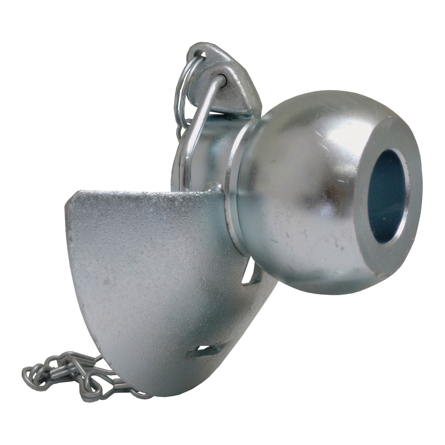 The Sparex Lower Link Ball, Guide Cone, and Linch Pin (Cat. 3/2) - S.33001 is a metallic trailer hitch coupling with a ball and socket design that features a securing chain and is suitable for various towing needs.