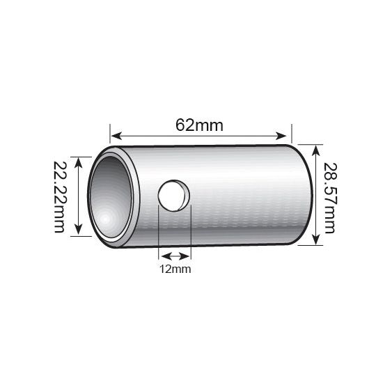 Diagram of the Lower Link Conversion Bush (Cat. 2 to 1) - S.33003 by Sparex, featuring specifications including dimensions: 62mm in length, 28.57mm outer diameter, 22.22mm inner diameter, and a hole with a diameter of 12mm.
