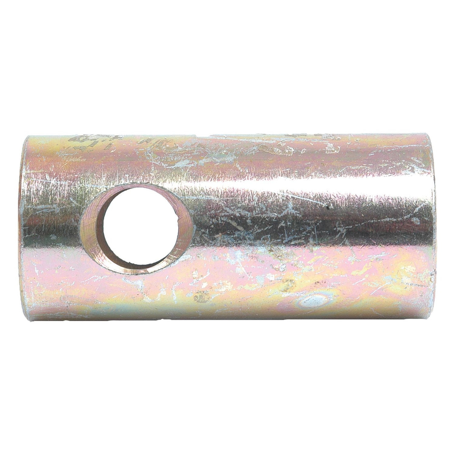 The Sparex Lower Link Conversion Bush (Cat. 2 to 1) - S.33003 is a cylindrical metal tube featuring a single circular hole on its side. Despite exhibiting signs of wear and tarnish, it remains reliable for various applications.