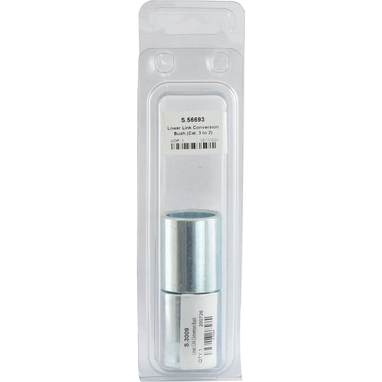 The packaging contains two metallic cylinders labeled as Lower Link Conversion Bush (Cat. 3 to 2) with the part number S.56693, visible through transparent plastic, featuring high-quality Sparex replacement parts for Agripak systems.