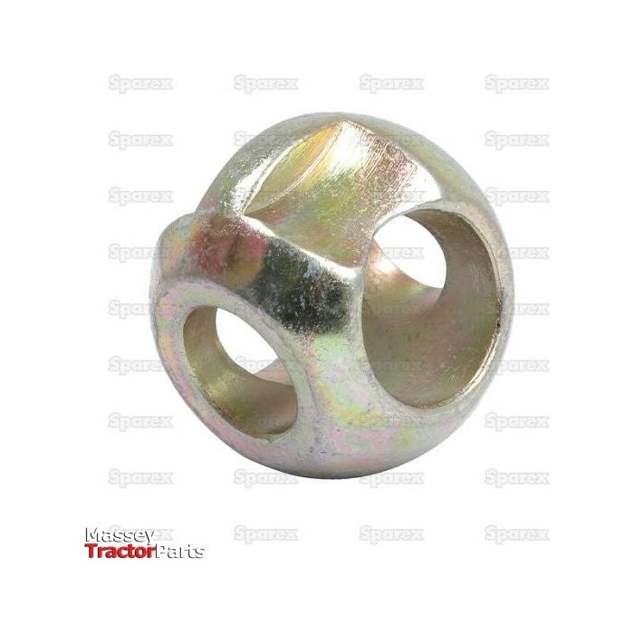The Lower Link Dual Category Ball (Cat. 2 Outer, 1/2 Inner), known as Sparex Part No. S.2997, is a metal spherical joint with multiple holes made from 1018 steel, designed for use in tractor or machinery parts. The background showcases faint, repeated Massey Ferguson logos.