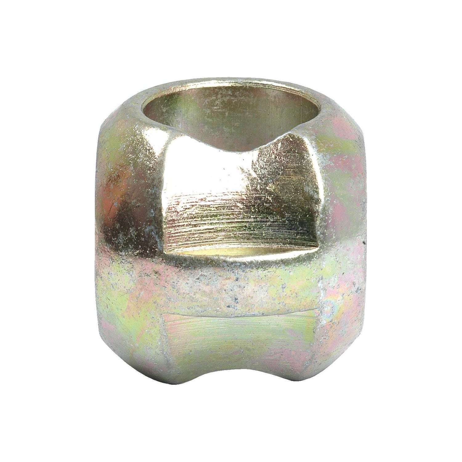 Close-up of the Sparex Lower Link Dual Category Ball (Cat. 2 Outer, 1/2 Inner), part number S.2997, made from 1018 Steel with a hexagonal outer shape and a hollow center. The surface is reflective and slightly worn.