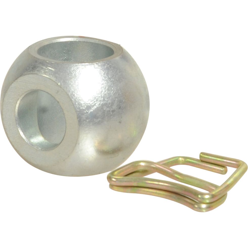 A metallic spherical object with a hollow center is placed next to a small, bent metal clip. The sphere and clip, both set against a plain white background, could be the Sparex Lower Link Dual Category Balls with Retaining Clip (Cat. 1/2) - S.1611, designed as an alternative to 3224 models for Ford/New Holland equipment.