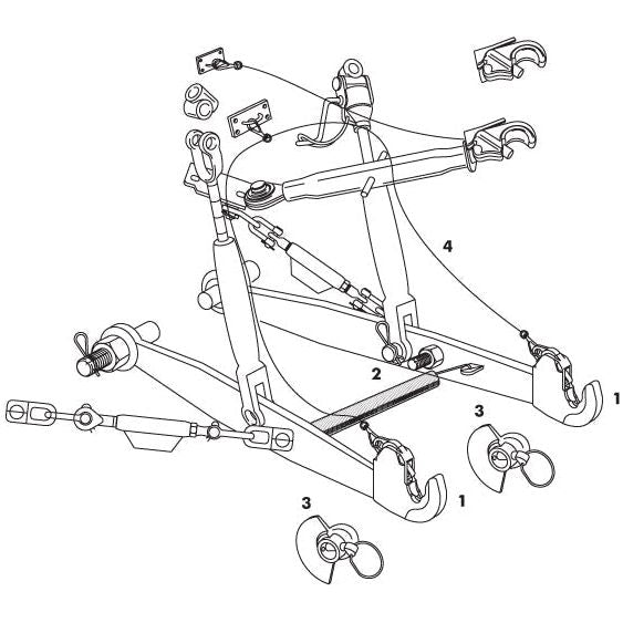 Line drawing of a mechanical assembly with numbered parts, including hooks, rods, and connectors. The diagram appears to be for instructional purposes related to the Sparex Lower Link Hook Conversion Kit (Cat. 1) | Sparex Part No.S.32996 or tasks in the welding area.
