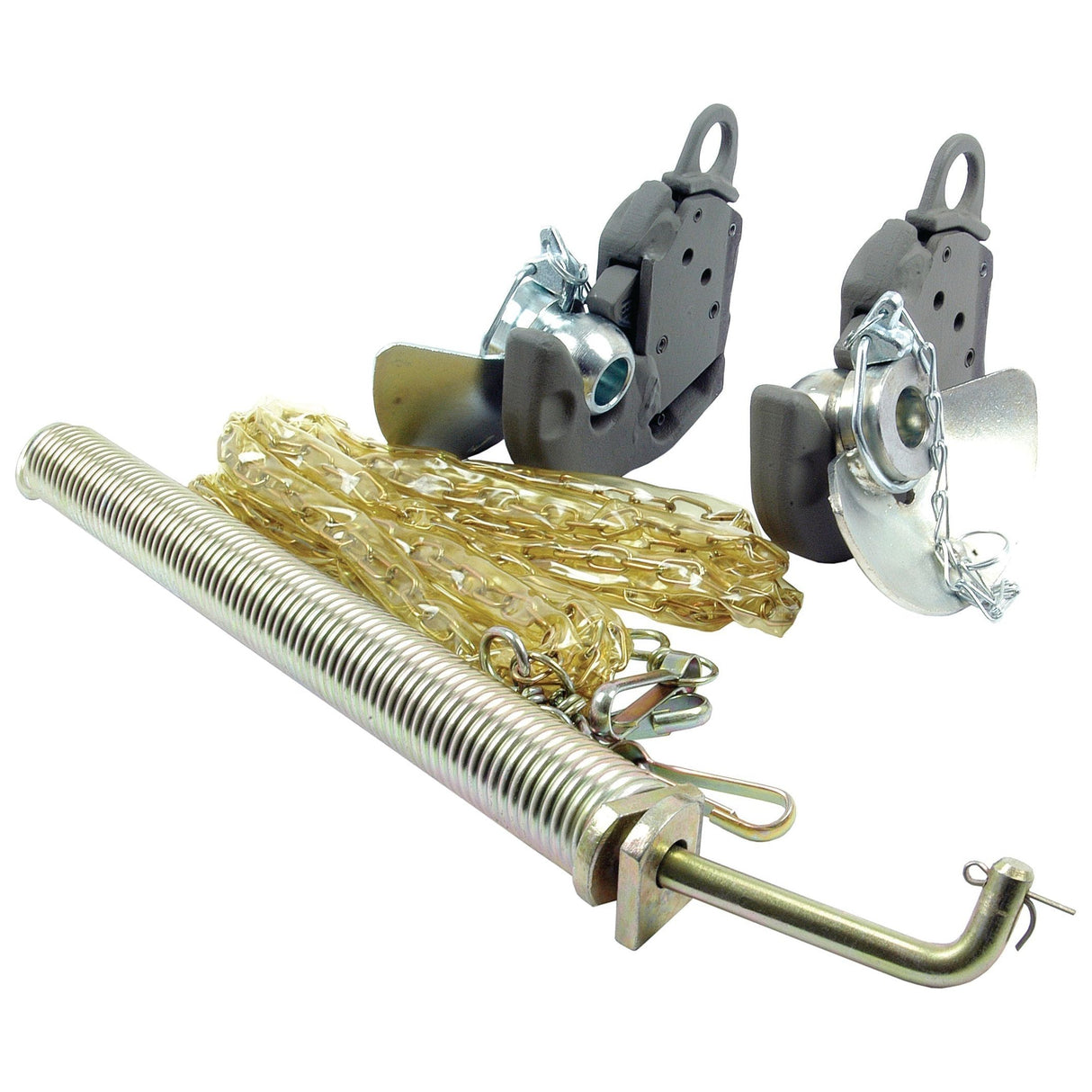Various garage door hardware components, including the Sparex Lower Link Hook Conversion Kit (Cat. 1) with part number S.32996, a long tension spring, and a length of chain, can often be found near the welding area in garages that also service tractors.