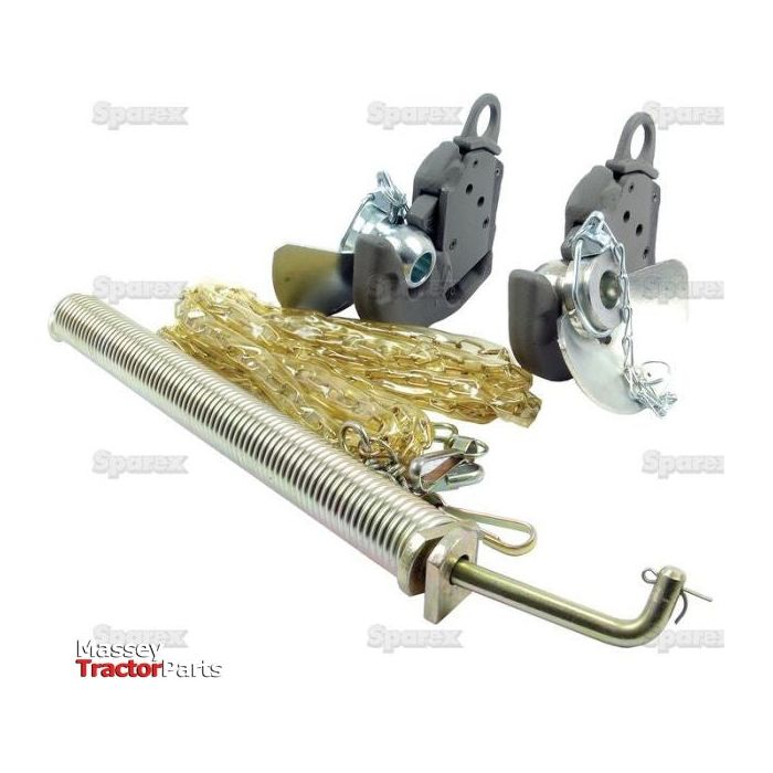 A Lower Link Hook Conversion Kit (Cat. 1) consisting of springs, chains, and hitch components on a white background. Text includes "Massey Tractor Parts" and "Sparex" for quality assurance.
