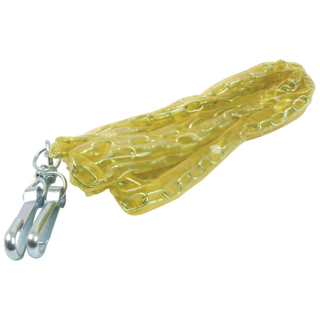 The Sparex Lower Link Hook Release Cord (Sparex Part No.S.33016) is a 4-meter long coiled yellow plastic-coated chain with two metal hooks attached at one end, featuring a convenient Release Cord for easy use.