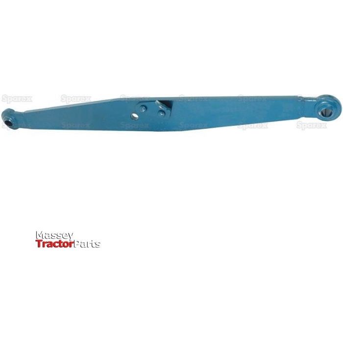 Introducing the Lower Link Lift Arm - Ball Ø 22mm - LH by Sparex (Part No. S.61697), a robust blue steel linkage arm for tractors, featuring precision-drilled holes for mounting parts and a sleek blue gloss finish. The "Massey Tractor Parts" logo is prominently displayed in the corner.