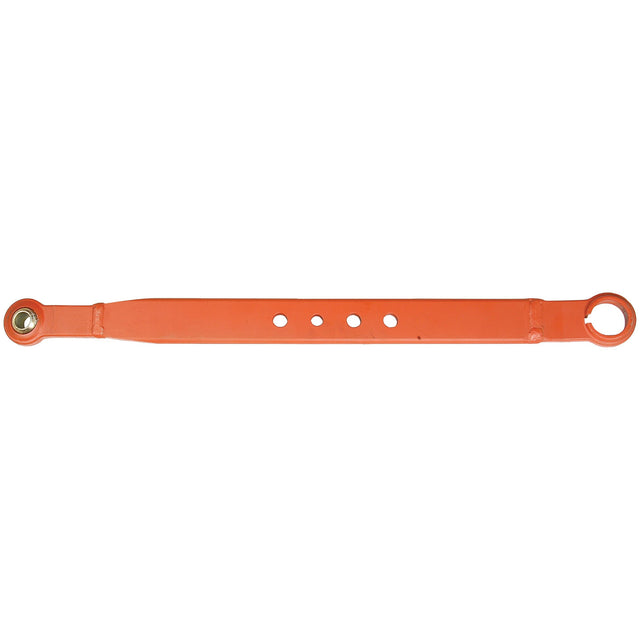 The Sparex Lower Link Lift Arm - Ball Ø 22mm - Open Socket (Sparex Part No.S.15177) is a long, orange metal bar featuring multiple holes and circular loops at both ends, designed for use in a Massey Ferguson's link arm assembly.