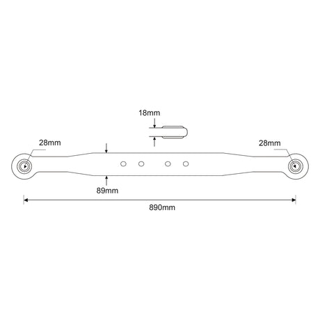 Technical drawing of a Lower Link Lift Arm - Ball Ø 28mm - Open Socket - RH & LH by Sparex (Sparex Part No. S.41001) with measurements. Length: 890 mm, width at ends: 28 mm, width at center: 18 mm. It has three equidistant holes in the middle section.