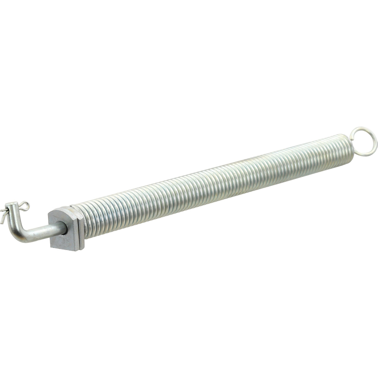 The Sparex Lower Link Spring (Sparex Part No. S.33015) is a sturdy metal extension spring with hooks on both ends, making it ideal for use in Massey Ferguson machinery.