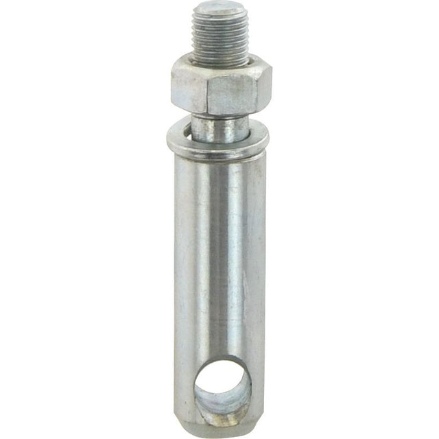 The Sparex Stabiliser Pin, model S.70545, is a metal clevis pin measuring 19x90mm and includes an attached hex nut. It has a smooth, cylindrical body with a 19mm pin diameter and features an M12x1.25 threaded end that is 22mm long, as well as a hole near the opposite end.