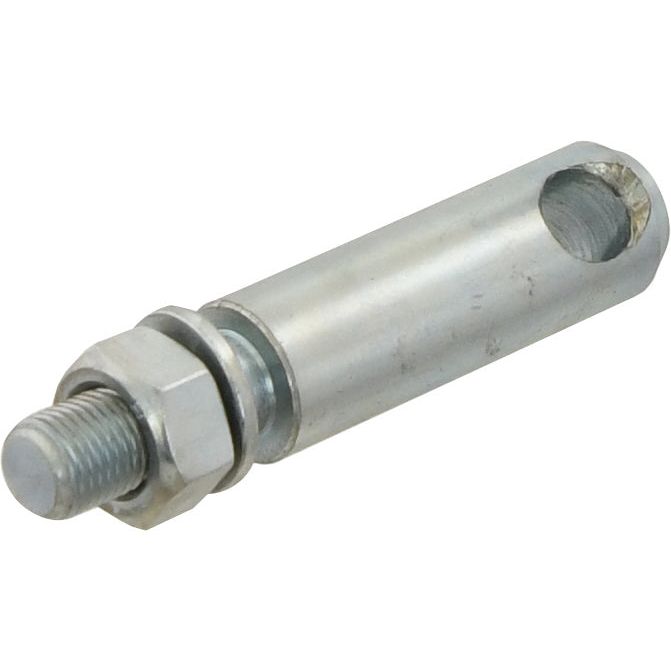 The Stabiliser Pin 19x90mm from Sparex (Part No. S.70545) is a metallic fastener with a threaded bolt and a small circular hole near the top. This fastener, which includes a nut and washer, features an adjustable thread size of M12x1.25x22mm.