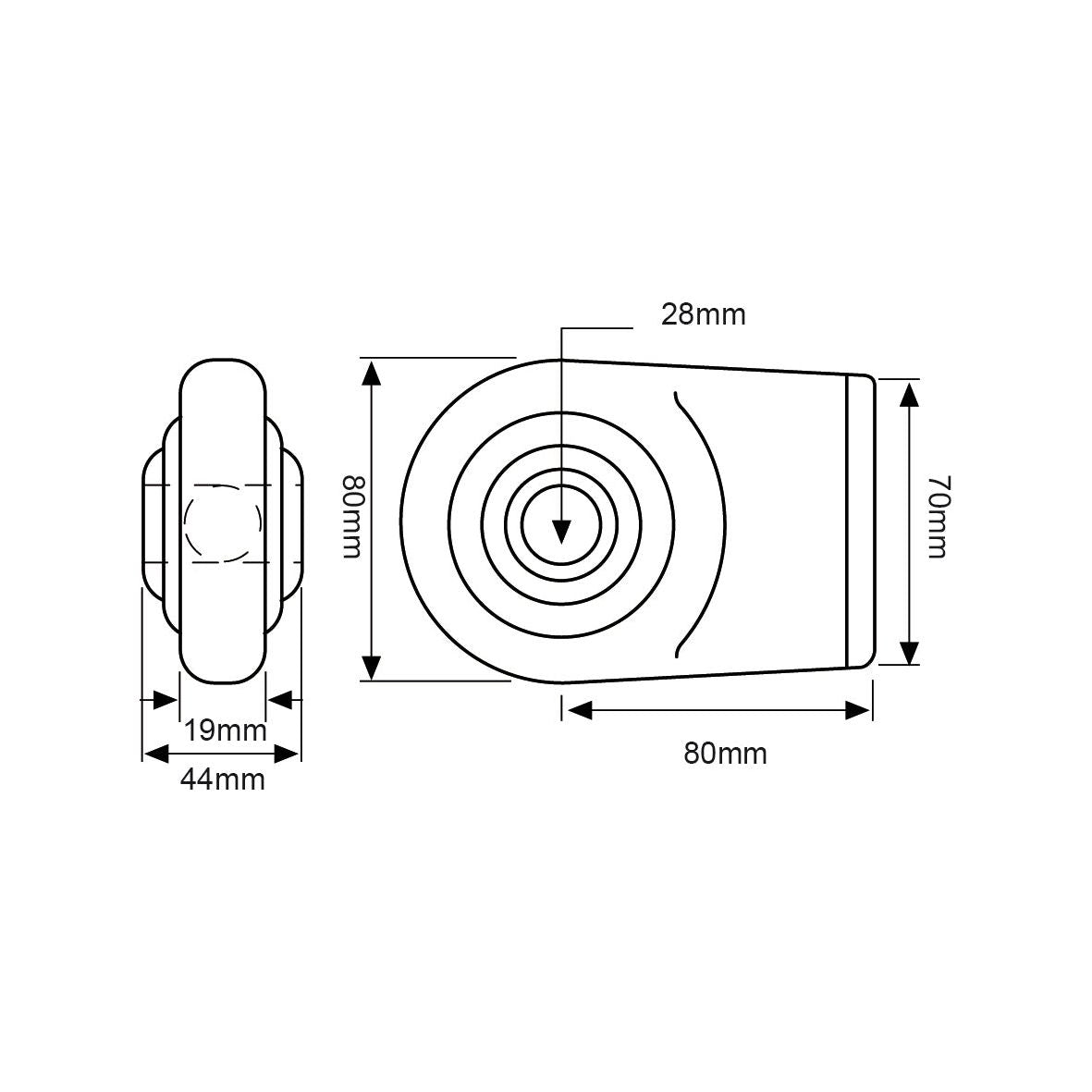 Technical drawing of a cylindrical object, specifically the Lower Link Weld On Ball End (Cat. 2) by Sparex, identified as Sparex Part No.S.1342. Dimensions are provided: 80mm height, 70mm width, 44mm depth, 28mm diameter, and 19mm small diameter.