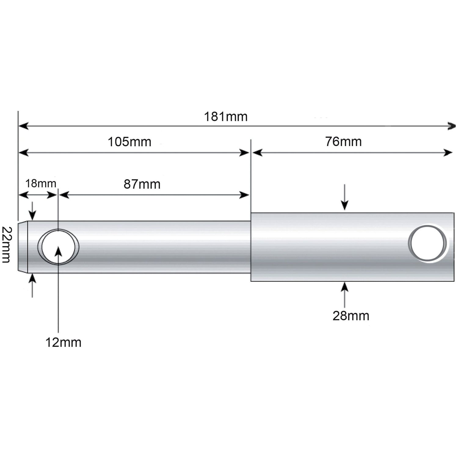 Diagram of the Sparex Lower Link Weld On Implement Mounting Pin 22 - 28x181mm Cat. 1/2 (Sparex Part No. S.210), a cylindrical metal rod with detailed measurements: overall length 181mm, working length segmented into 22mm, 18mm, 87mm, and 105mm sections; diameters include a left end diameter of 12mm and a pin Ø of 28mm on the right end.