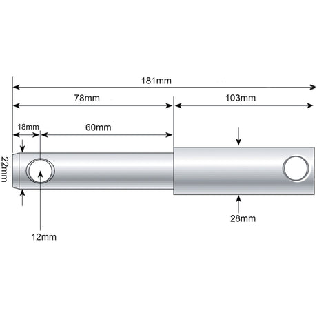 Technical drawing of the Sparex Lower Link Weld On Implement Mounting Pin 22 - 28x181mm Cat. 1/2 (Sparex Part No.S.214), detailing dimensions in millimeters, including overall length, working length, diameters, and distances between features.