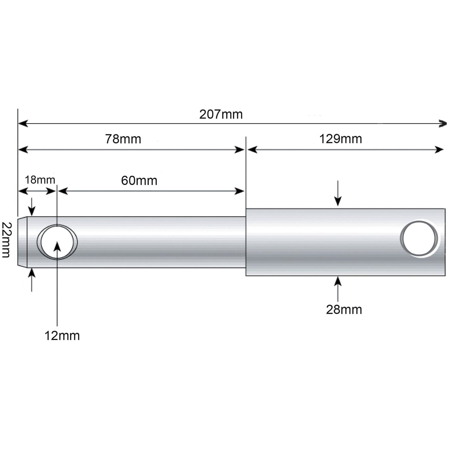 Technical drawing of the Lower Link Weld On Implement Mounting Pin 22 - 28x207mm Cat. 1/2 | Sparex Part No.S.209 by Sparex, featuring an overall length of 207mm, a height of 22mm, two hole diameters (12mm and 28mm), and specific segment lengths of 78mm, 129mm, and 60mm.