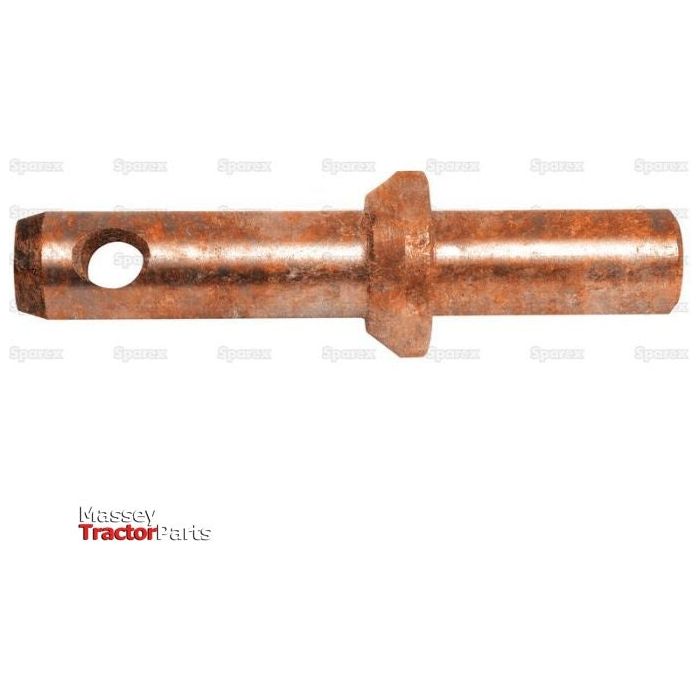 A rusted metal pin with a circular hole near one end and a thicker middle section, resembling an implement attachment pin, labeled "Lower Link Weld On Implement Mounting Pin 22x137mm Cat. 1 | Sparex Part No.S.505" from Sparex.