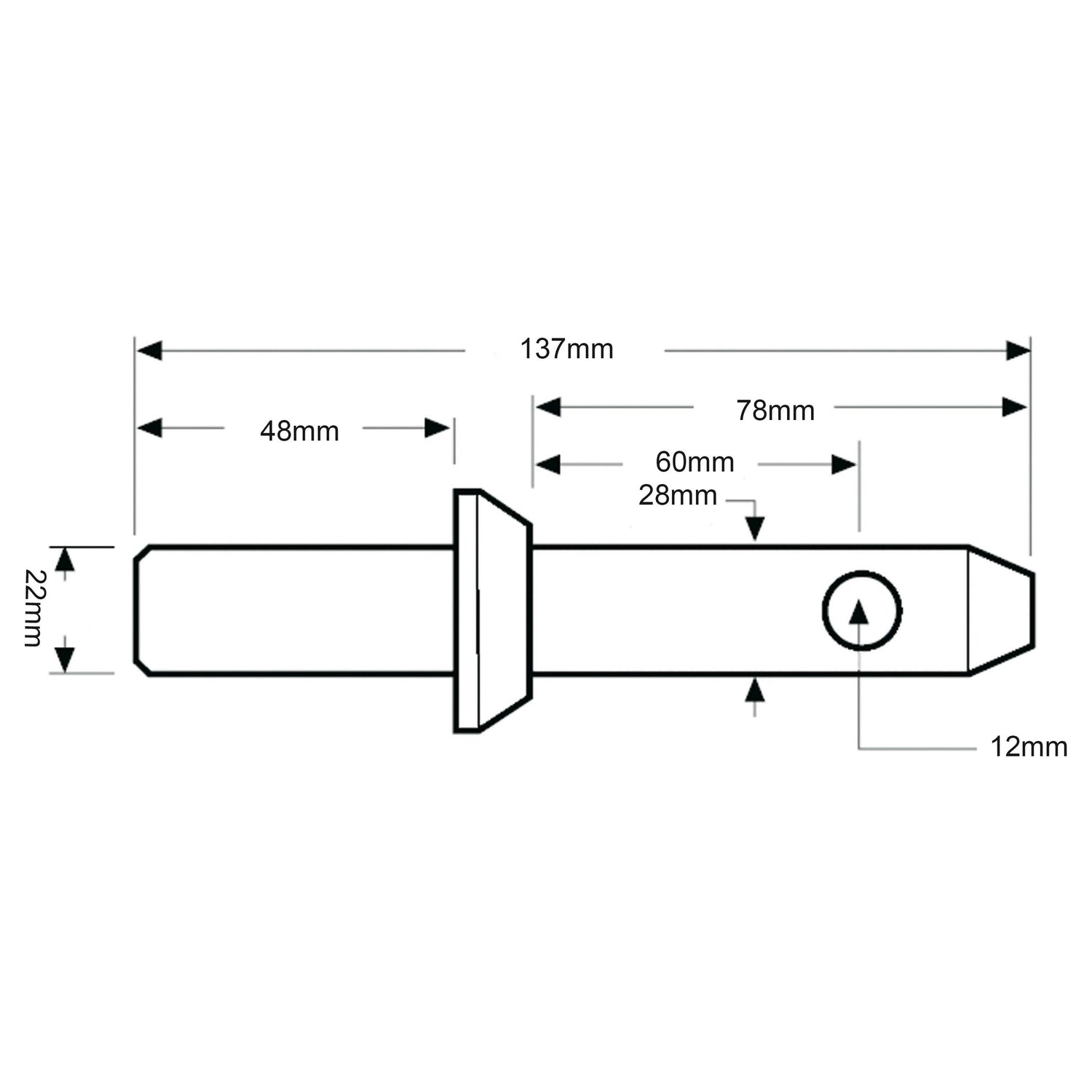 The technical drawing of the Sparex Lower Link Weld On Implement Mounting Pin 22x137mm Cat. 2 (Sparex Part No.S.506) features detailed measurements: a 137mm length, a 22mm diameter, and a 12mm tip diameter, divided into sections of 48mm, 60mm, and 28mm. An arrow points to a hole with a triangle inside it, commonly seen in Massey Ferguson pin implement attachments.
