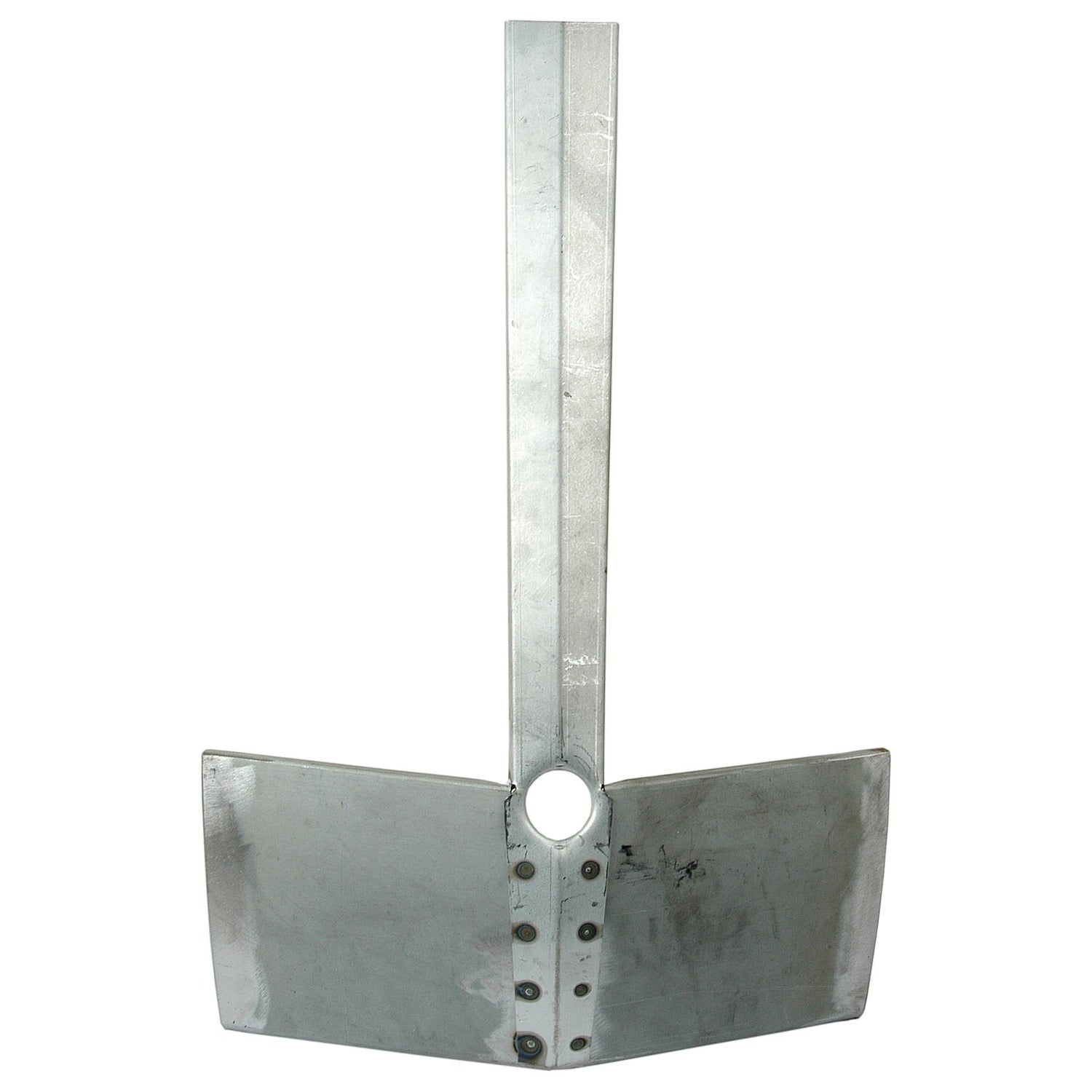 Introducing the Lower Panel | Sparex Part No. S.42915 from Sparex, a Massey Ferguson-inspired metal tool designed with a rectangular blade and straight handle, featuring a circular cutout near the junction of the handle and blade. The surface displays signs of wear that add to its rugged charm.