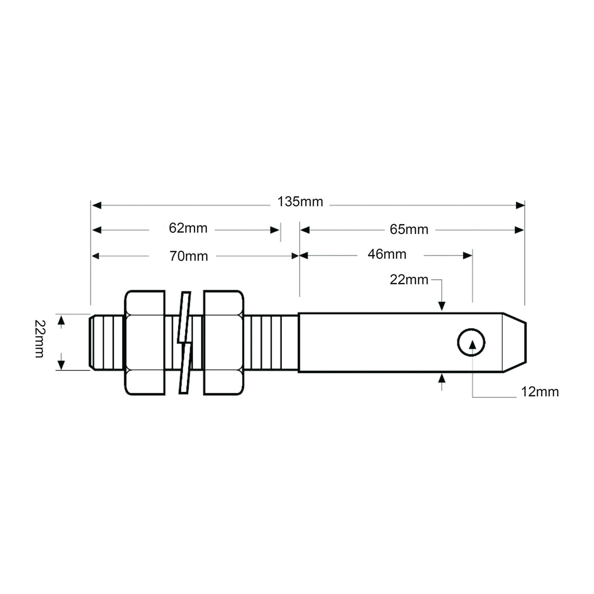 Lower link implement pin 22x135mm, Thread size 7/8x70mm Cat. 1
 - S.900211 - Massey Tractor Parts