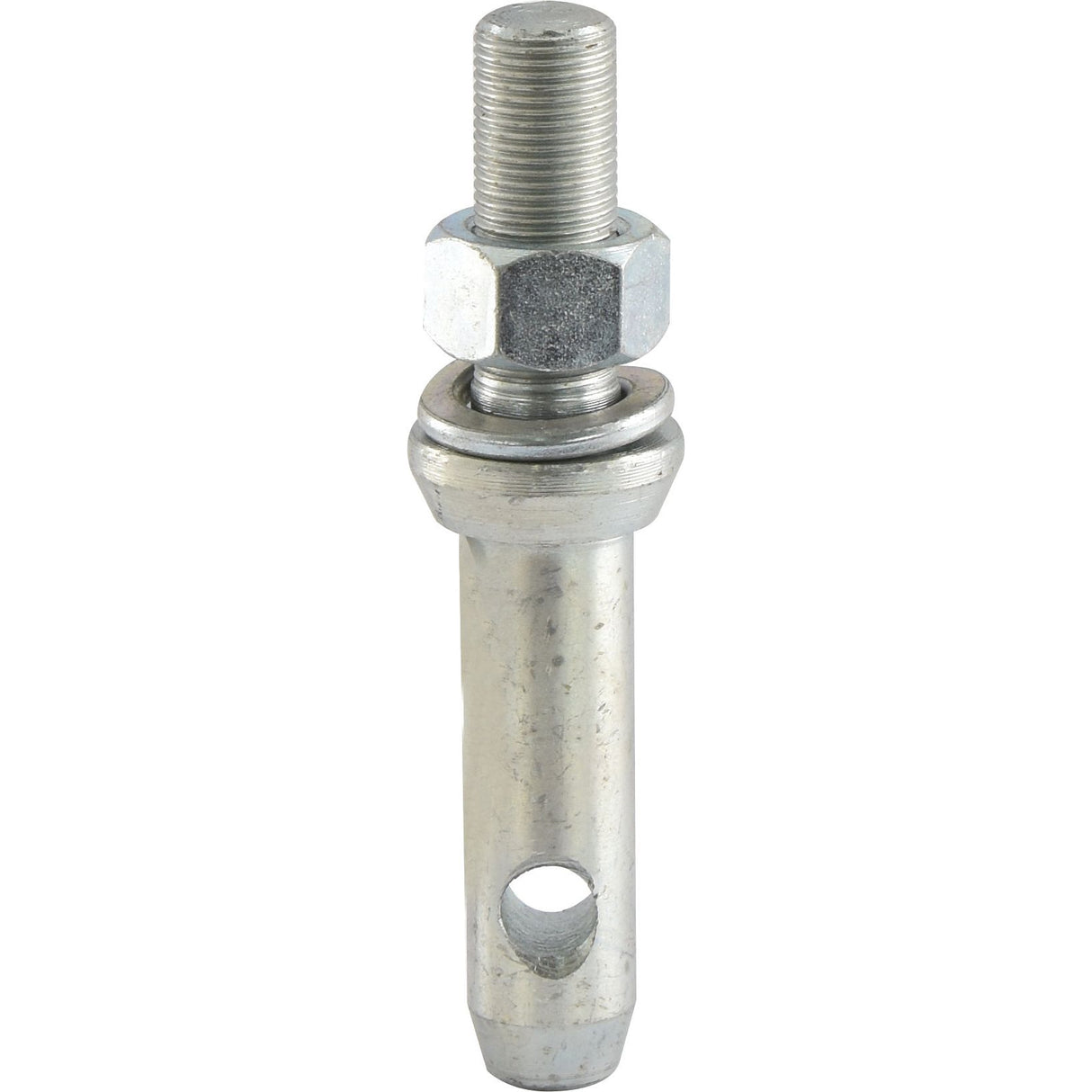 A Sparex Lower Link Implement Pin (Product No. S.198) with a 22x140mm size, featuring a threaded top of 3/4'' UNF x 48mm, perfect for attaching implements. The pin is accompanied by a nut and washer, and includes a hole through its cylindrical body for secure fastening. Overall length is 140mm.