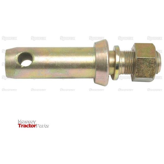 A Lower Link Implement Pin measuring 28x137mm, featuring a hole at one end and a threaded hexagonal nut on the other, branded by Sparex. Labeled as "Sparex Part No.S.202," this pin includes a 7/8'' UNF thread and is compatible with Massey Tractor Parts.
