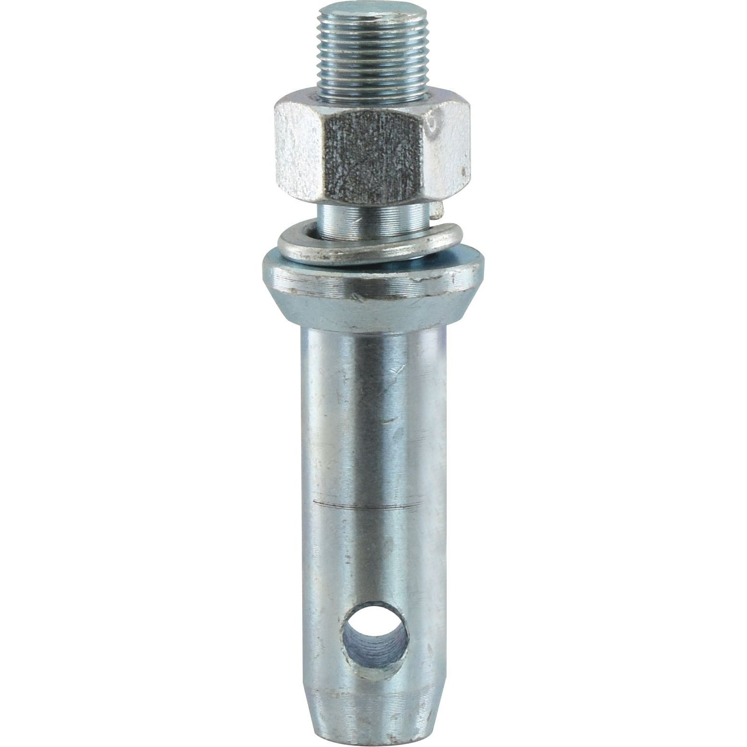 The Sparex Lower Link Implement Pin, measuring 28x137mm with a 7/8''x35mm Cat. 2 thread (Part No. S.202), features a cylindrical shaft with a hole near the bottom end, making it an ideal choice for use as an implement attachment pin. This component ensures secure fastening with its 7/8'' UNF thread and comes with a hexagonal nut for added stability.
