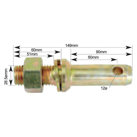 Close-up image of a Sparex Lower Link Implement Pin (Sparex Part No. S.5189) with labeled dimensions: 149mm length, 60mm width, 28.5mm height, and a 12mm diameter hole, showcasing its precise thread size of 1 1/8''x51mm Cat. 2 for implement attachment pin compatibility.