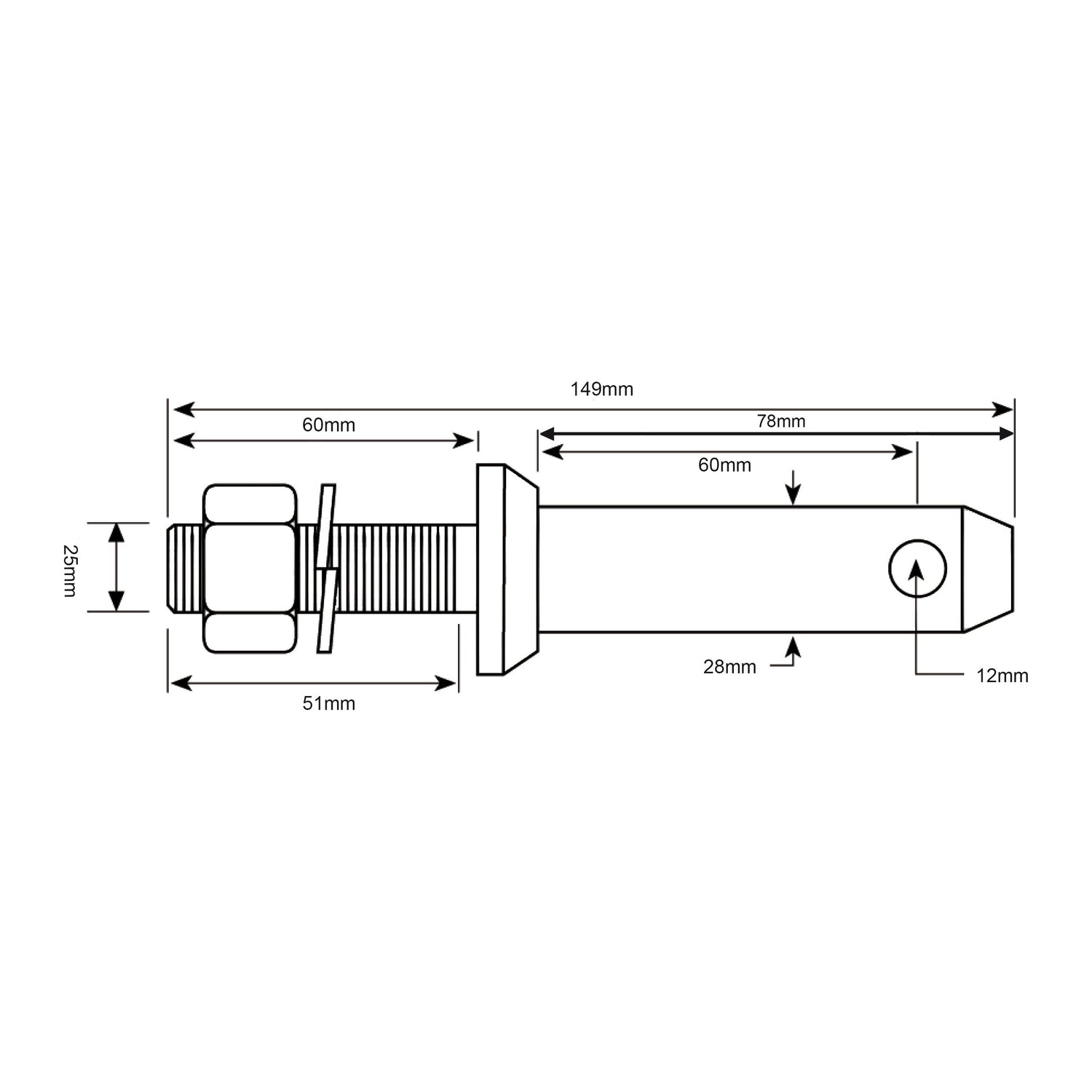 Technical drawing of the Sparex Lower Link Implement Pin. Dimensions: length 149mm, width 28mm, and thread size 1''x51mm. Various sections labeled with detailed measurements: working lengths of 60mm, 60mm, 78mm, and 12mm. The implement attachment pin is at a diameter of 28mm. Brand Name: Sparex | Part No.: S.5191