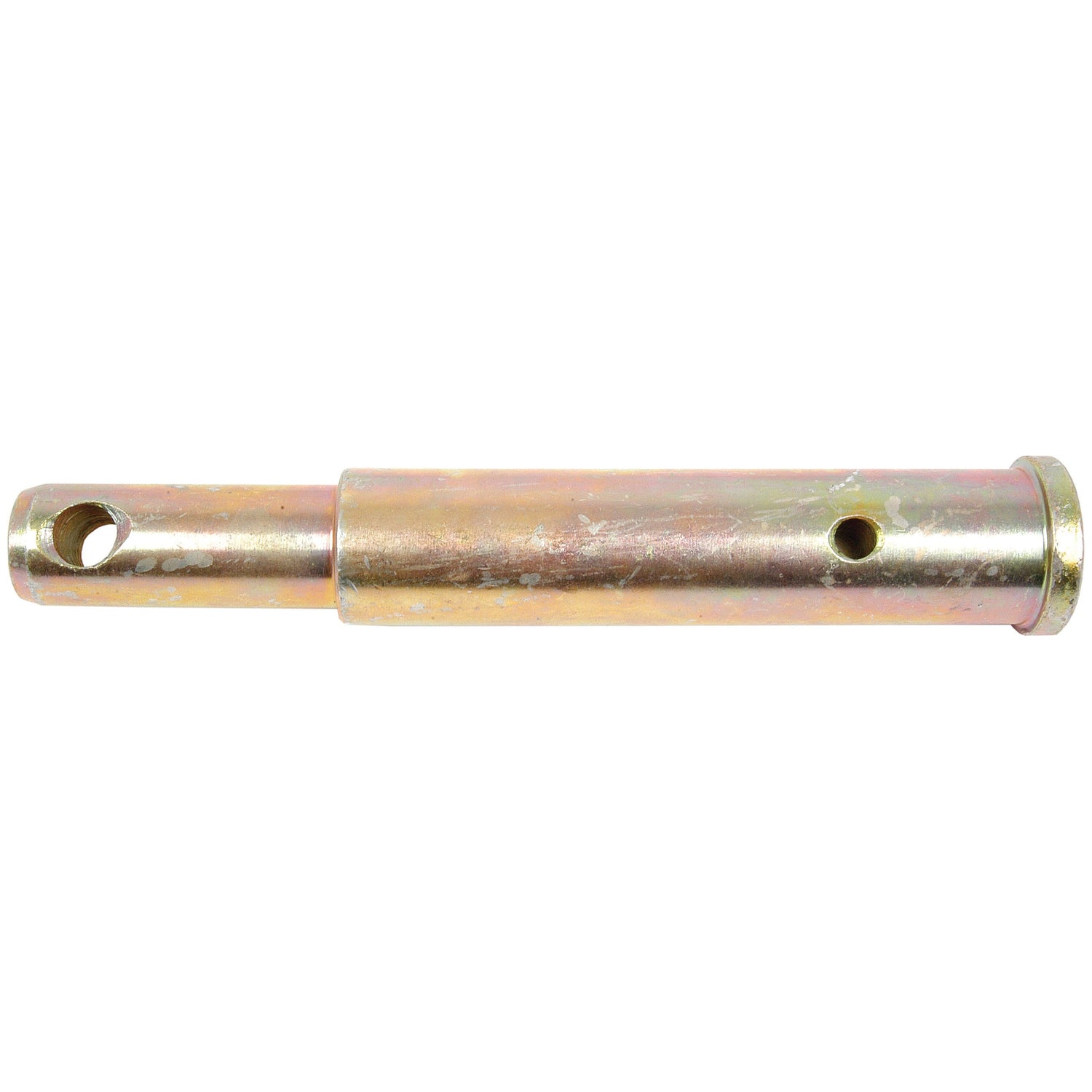 The Sparex Lower Link Implement Pin (Part No. S.69889) features a shiny, cylindrical metal body with two holes near each end and is suitable for Allis Chalmers and Fiat 450 tractors. The pin measures 22-28x183mm with a thread size of Cat. 1/2, making it ideal for dual category applications.