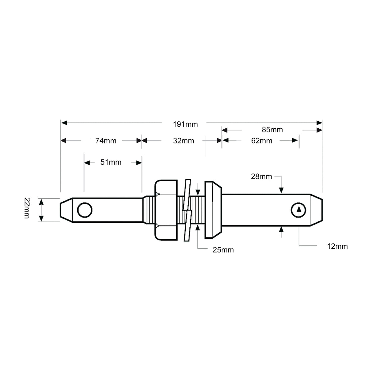 Lower link implement pin dual 22 - 28x191mm, Thread size 1x32mm Thread size 1/2
- S.900213 - Massey Tractor Parts