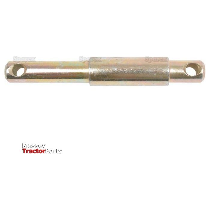 The Lower link pin - Dual category 22 - 28 - 22mm Cat.1/2 | Sparex Part No.S.16338, features cylindrical extensions on both ends with a 12mm hole on each extension. The Sparex metal bar showcases a cylindrical midsection and has a worn, metallic surface.