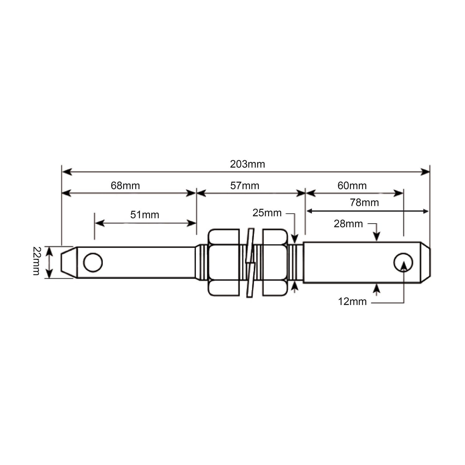 Technical drawing of a Sparex Lower Link Implement Pin, Dual 22 - 28x203mm. Dimensions labeled: overall length 203mm, 22mm width, various sections with lengths of 68mm, 57mm, 60mm, 51mm, and a Thread size of 7/8x57 UNF.