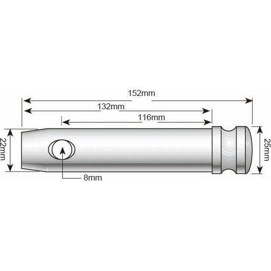 Diagram of a cylindrical object labeled "Lower link pin 22x116mm Cat. 1" (Sparex Part No.S.11360) with measurements: length 152mm, widest diameter 25mm, narrowest diameter Pin Ø 22mm. The internal section has a working length of 116mm and an 8mm diameter channel within. Manufactured by Sparex.