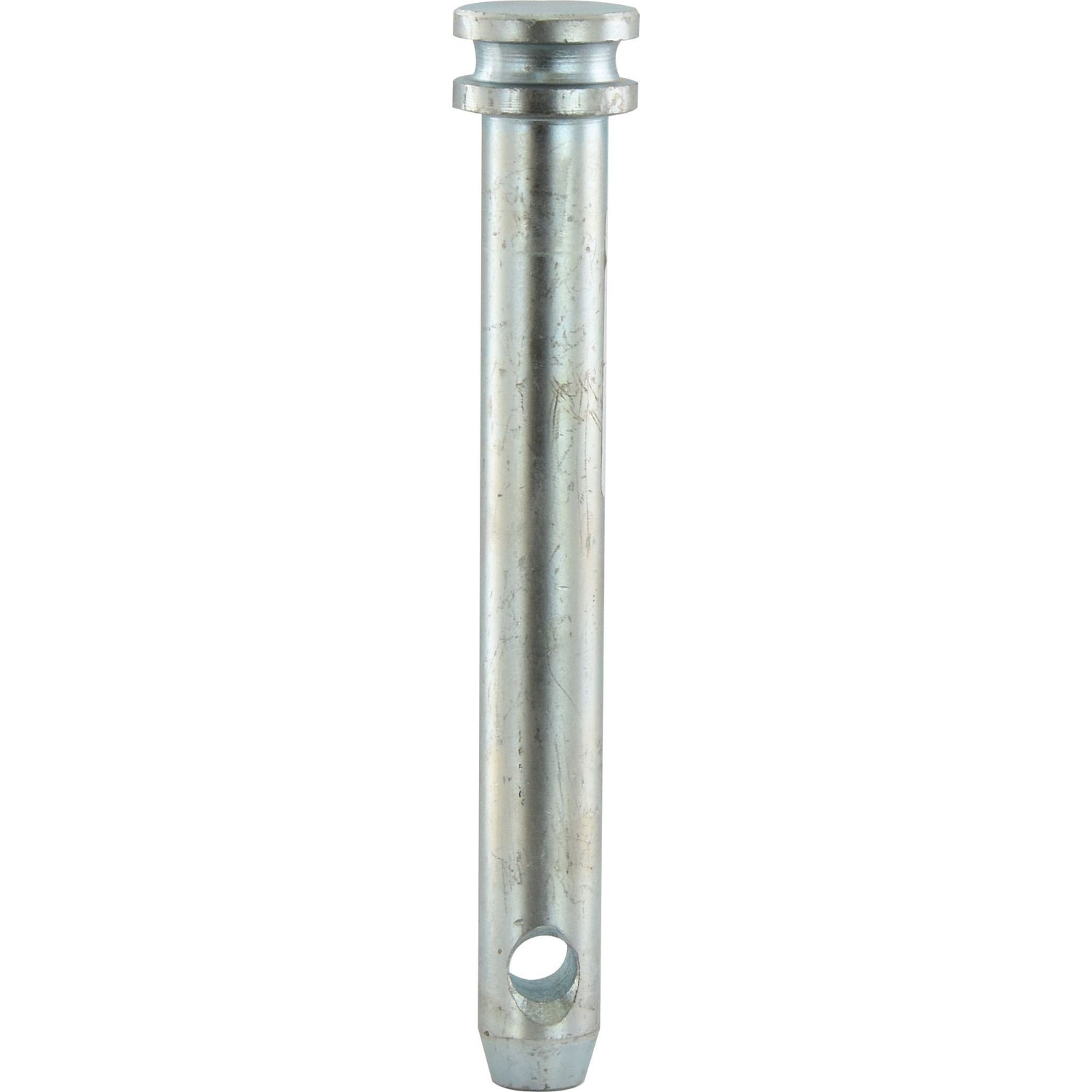 A Sparex Lower Link Pin 22x149mm Cat. 1 with a groove near the top and a hole at the bottom end, suitable for Massey Ferguson machinery, Sparex Part No. S.72.